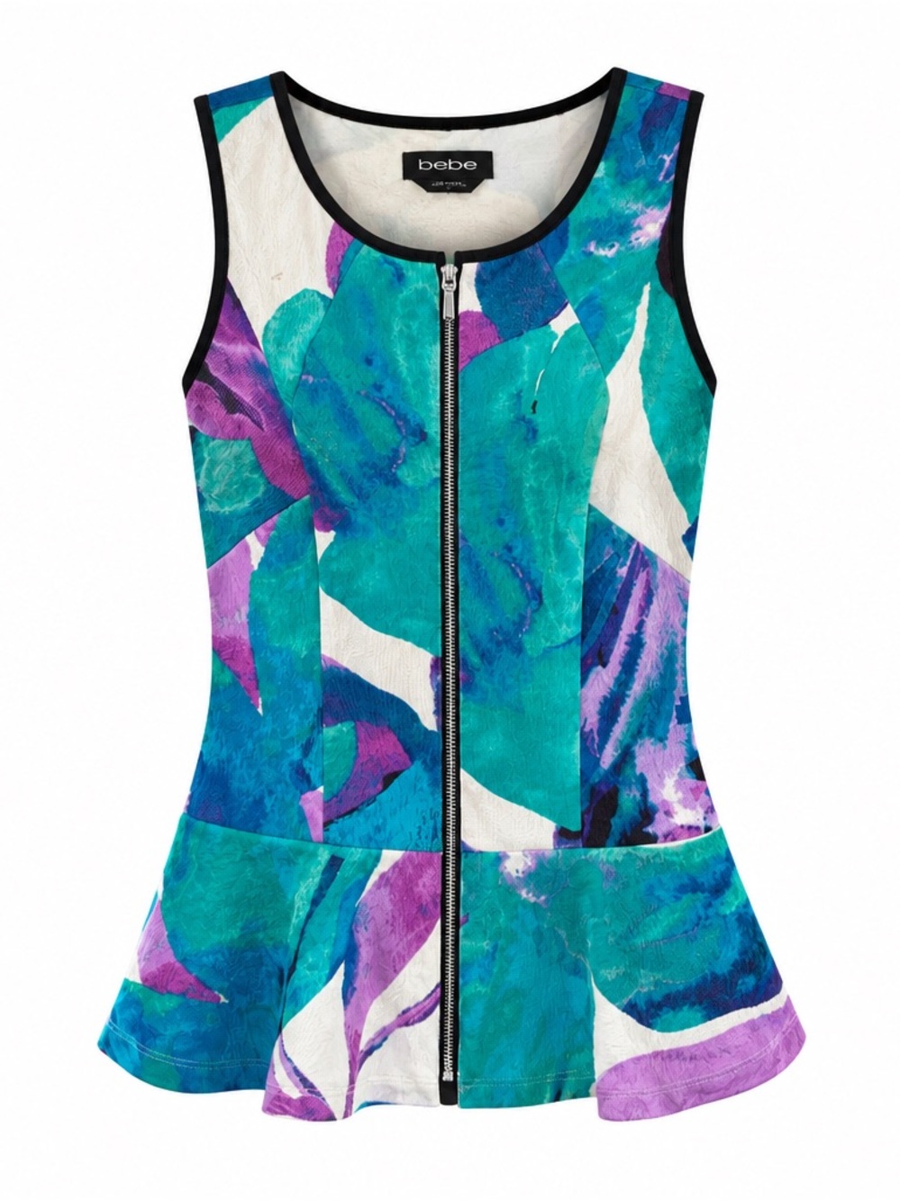 bebe Teal, Purple & White Front-Zip Peplum Tank